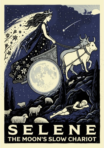 Selene Greek Mythology Poster featuring the moon goddess in her chariot pulled by oxen against a starry night