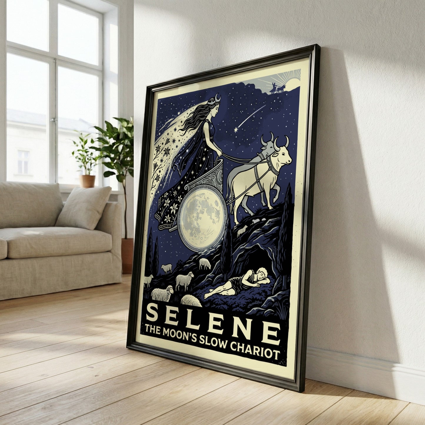 Selene Greek Mythology Poster featuring the moon goddess in her chariot pulled by oxen against a starry night