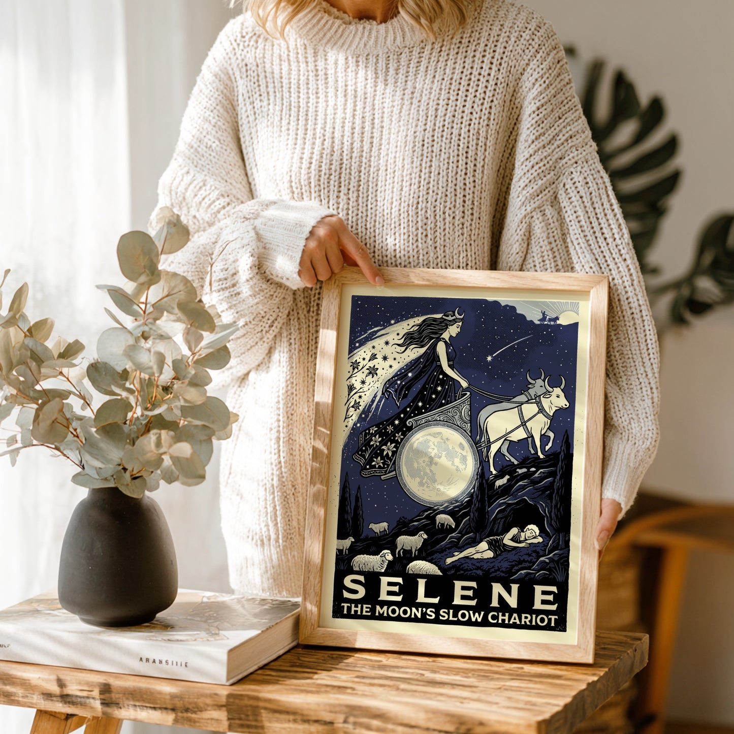 Selene Greek Mythology Poster featuring the moon goddess in her chariot pulled by oxen against a starry night