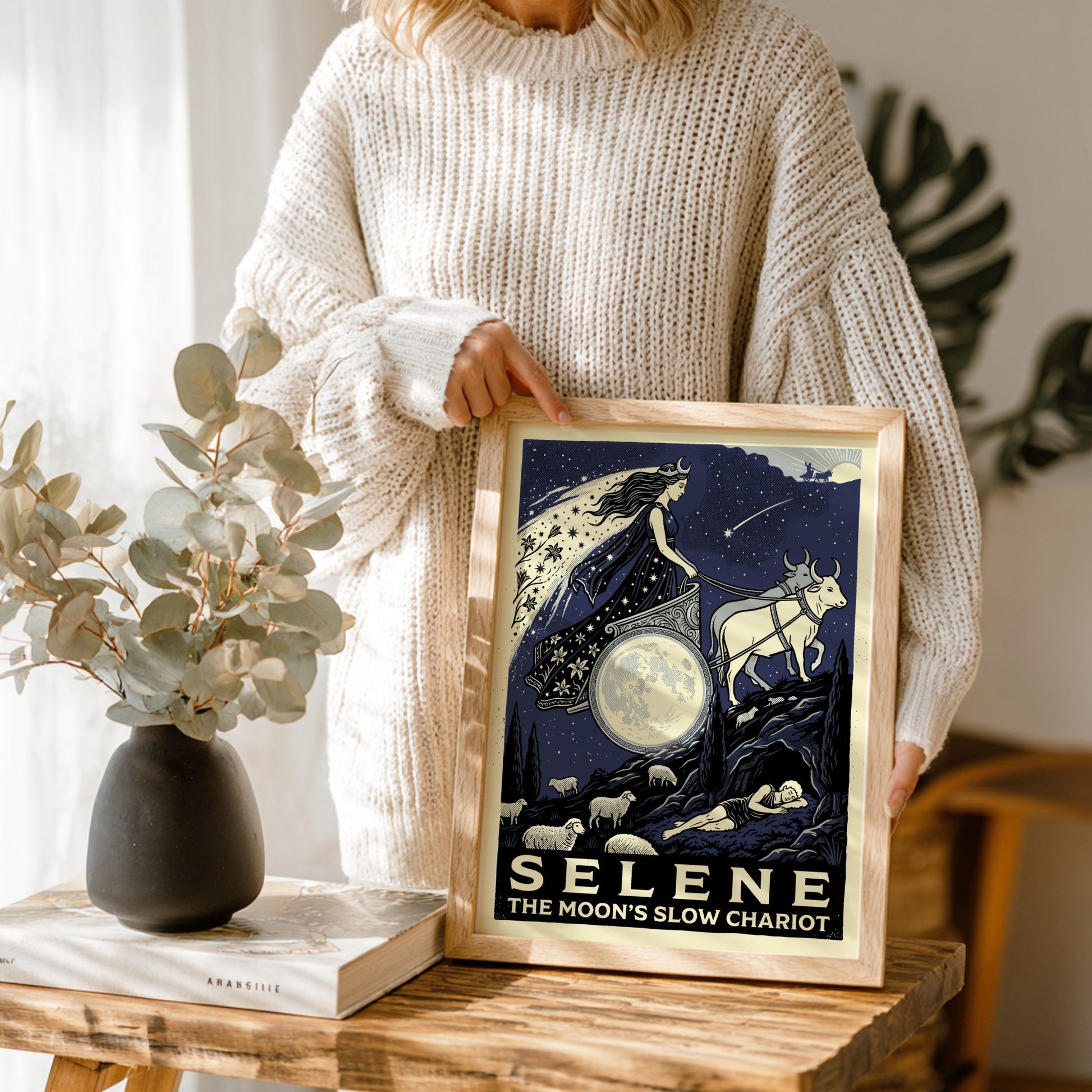 Selene Greek Mythology Poster featuring the moon goddess in her chariot pulled by oxen against a starry night
