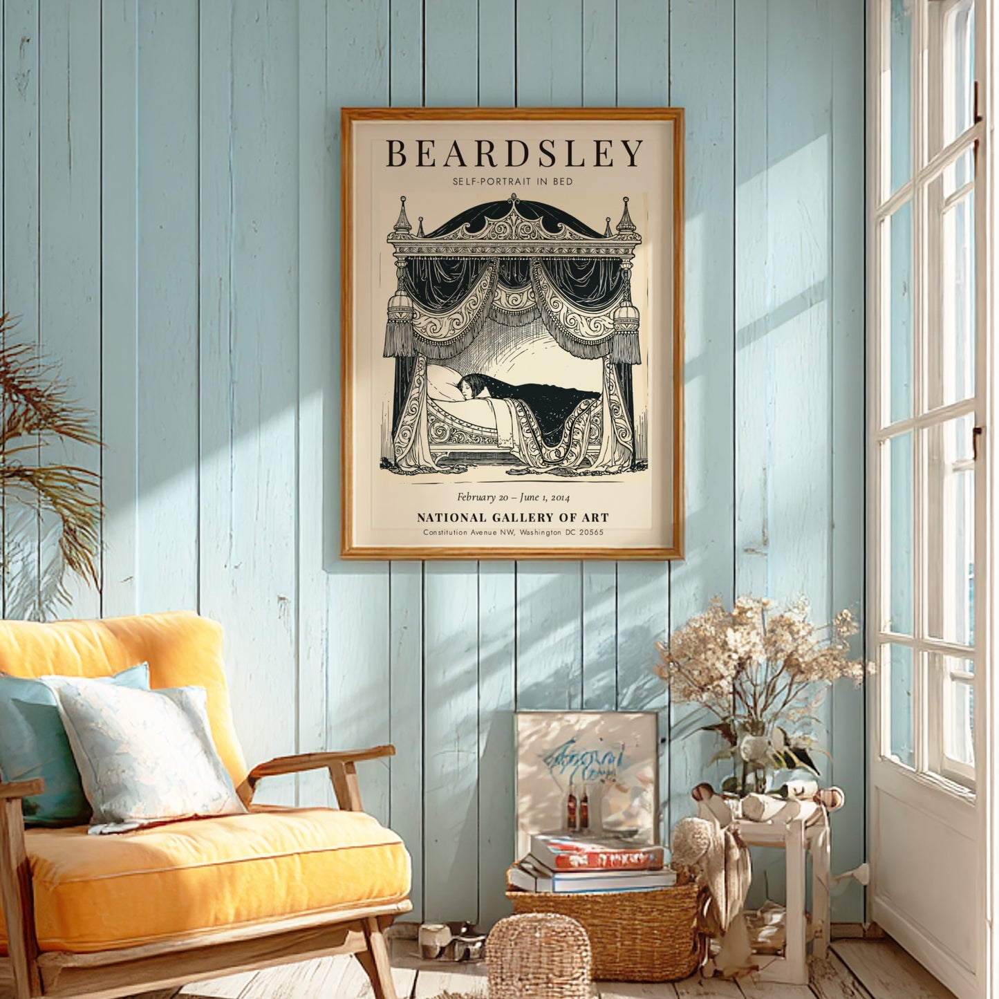 Self-Portrait in Bed poster featuring Aubrey Beardsley's intricate linework and monochrome style