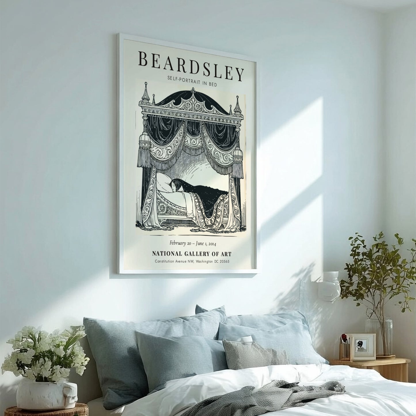 Self-Portrait in Bed poster featuring Aubrey Beardsley's intricate linework and monochrome style