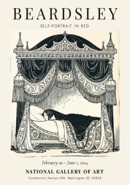 Self-Portrait in Bed poster featuring Aubrey Beardsley's intricate linework and monochrome style