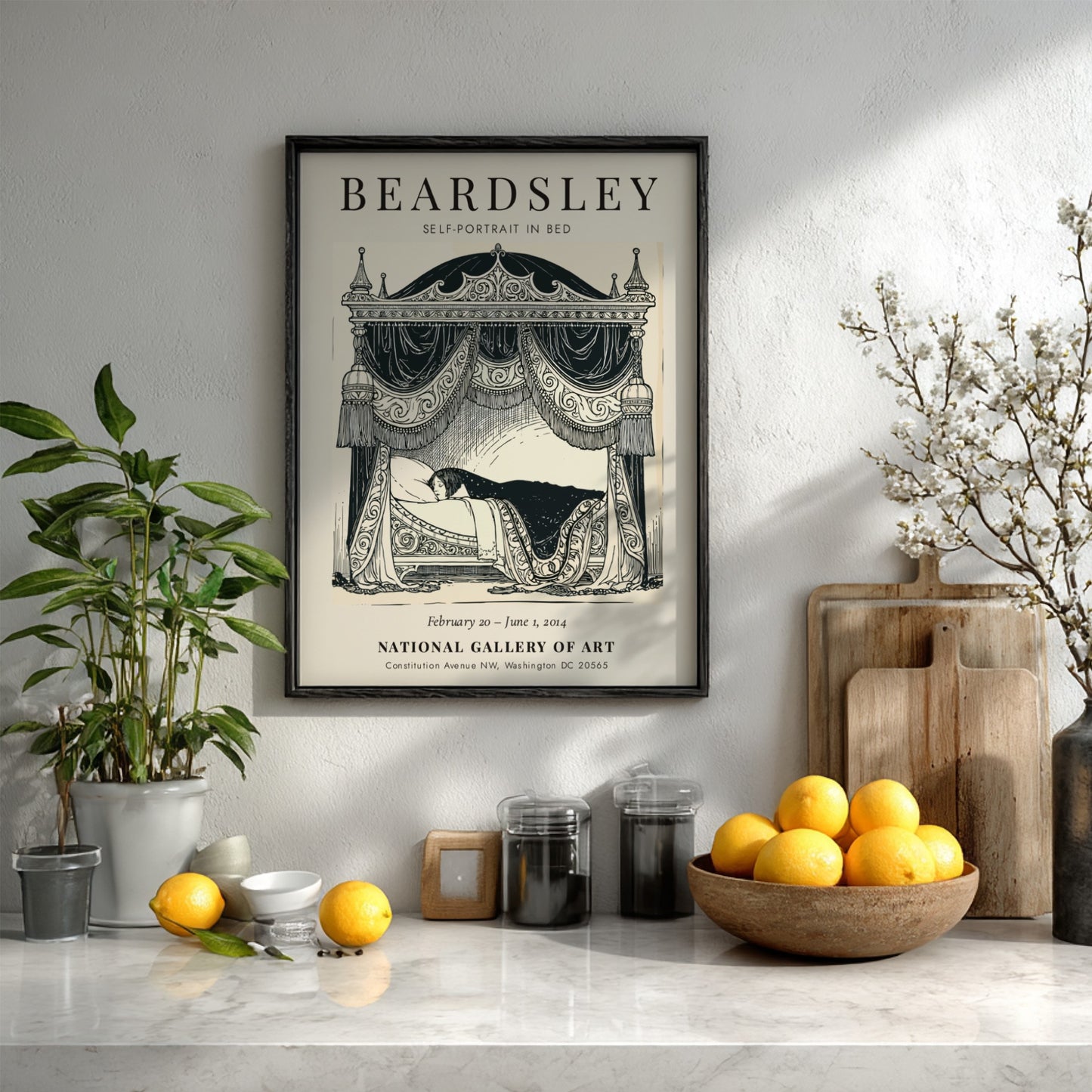 Self-Portrait in Bed poster featuring Aubrey Beardsley's intricate linework and monochrome style