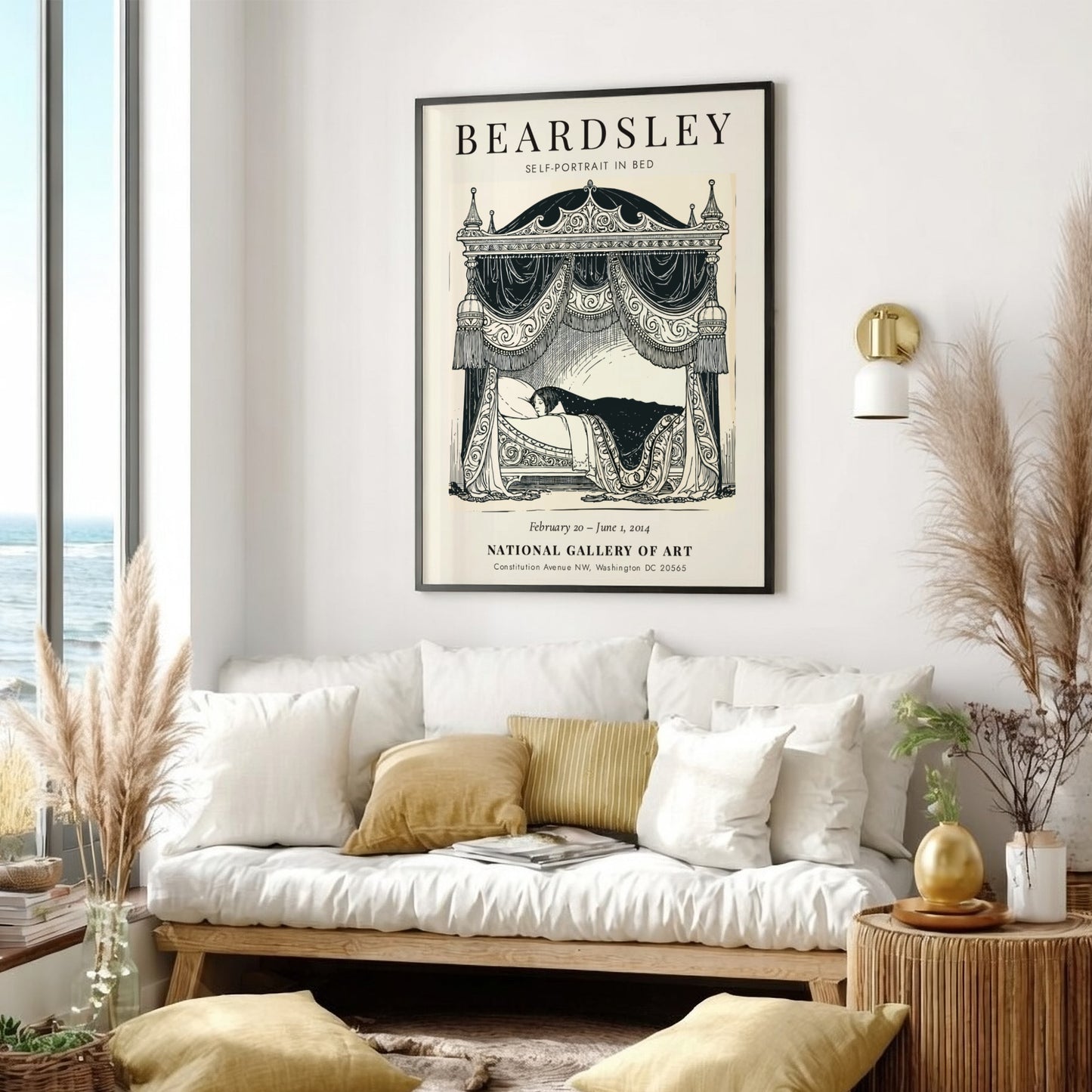 Self-Portrait in Bed poster featuring Aubrey Beardsley's intricate linework and monochrome style
