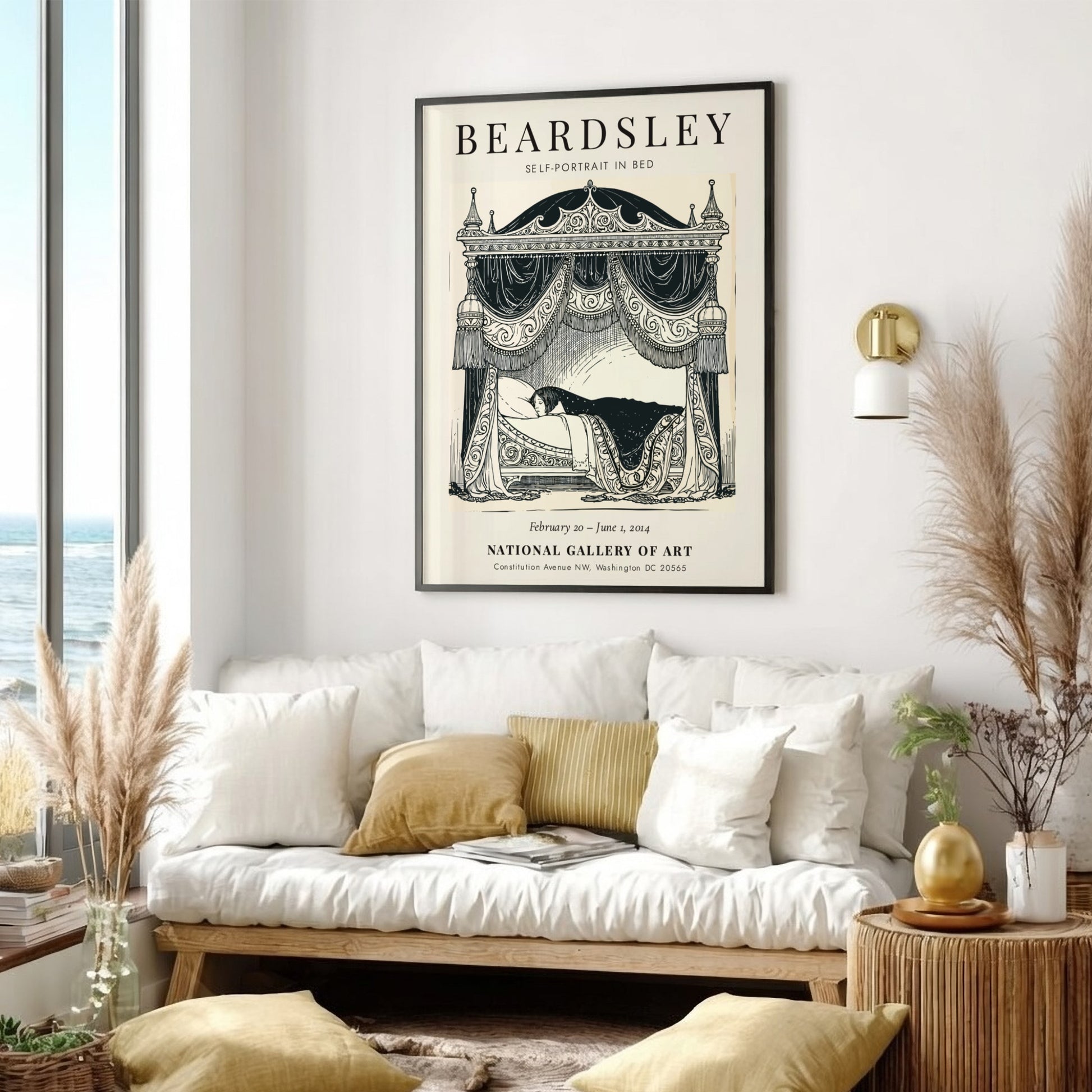 Self-Portrait in Bed poster featuring Aubrey Beardsley's intricate linework and monochrome style