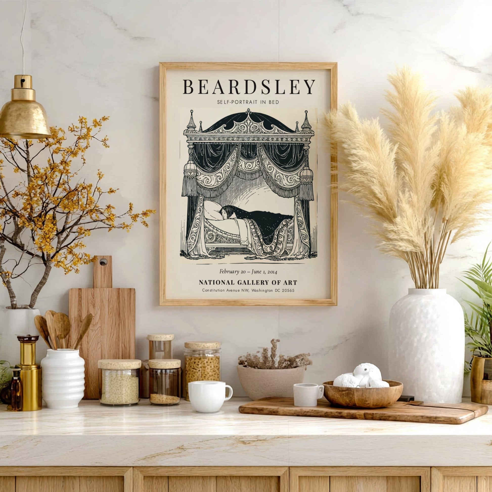 Self-Portrait in Bed poster featuring Aubrey Beardsley's intricate linework and monochrome style