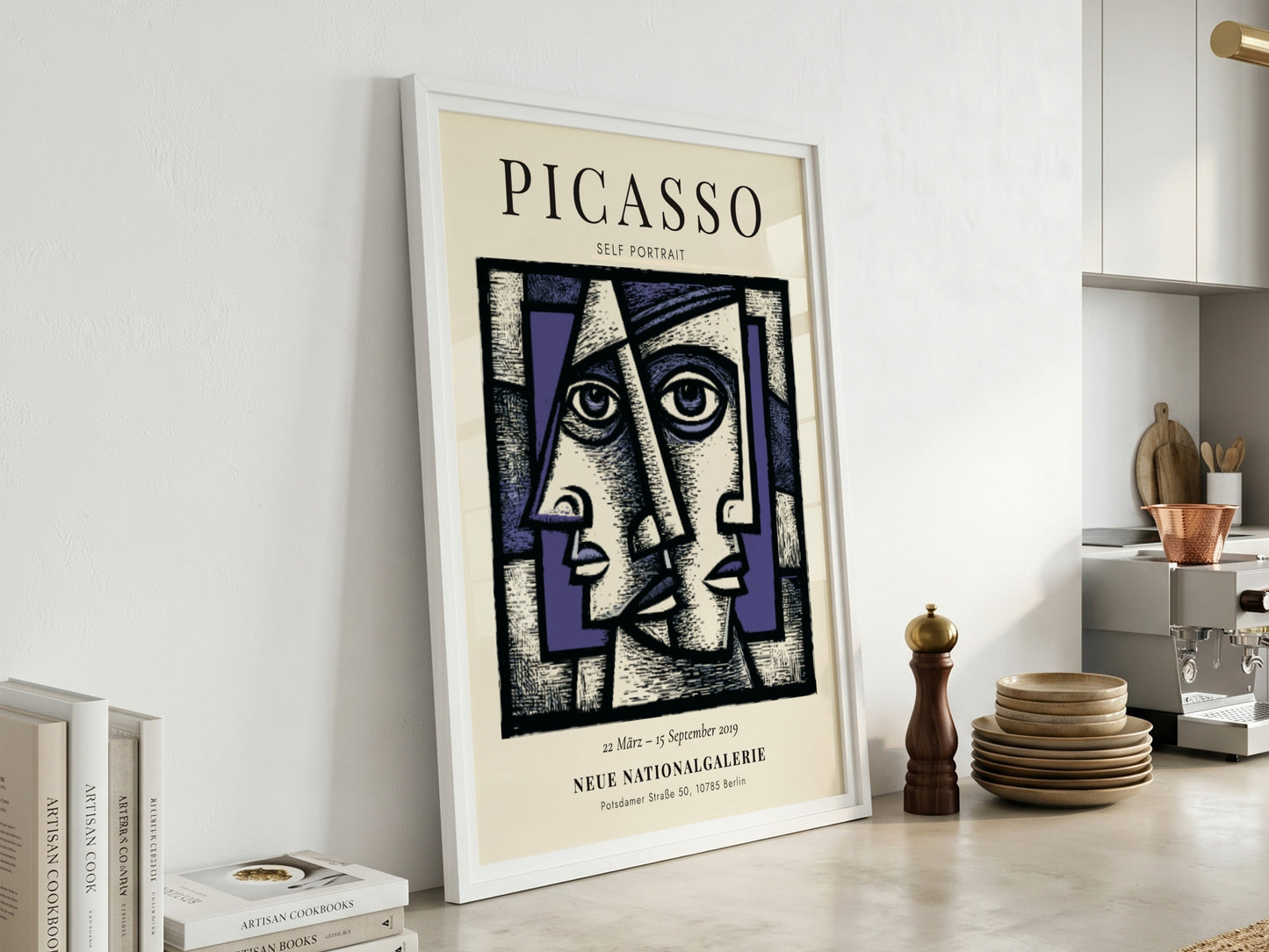 Picasso inspired poster featuring a self-portrait with geometric shapes and bold colors