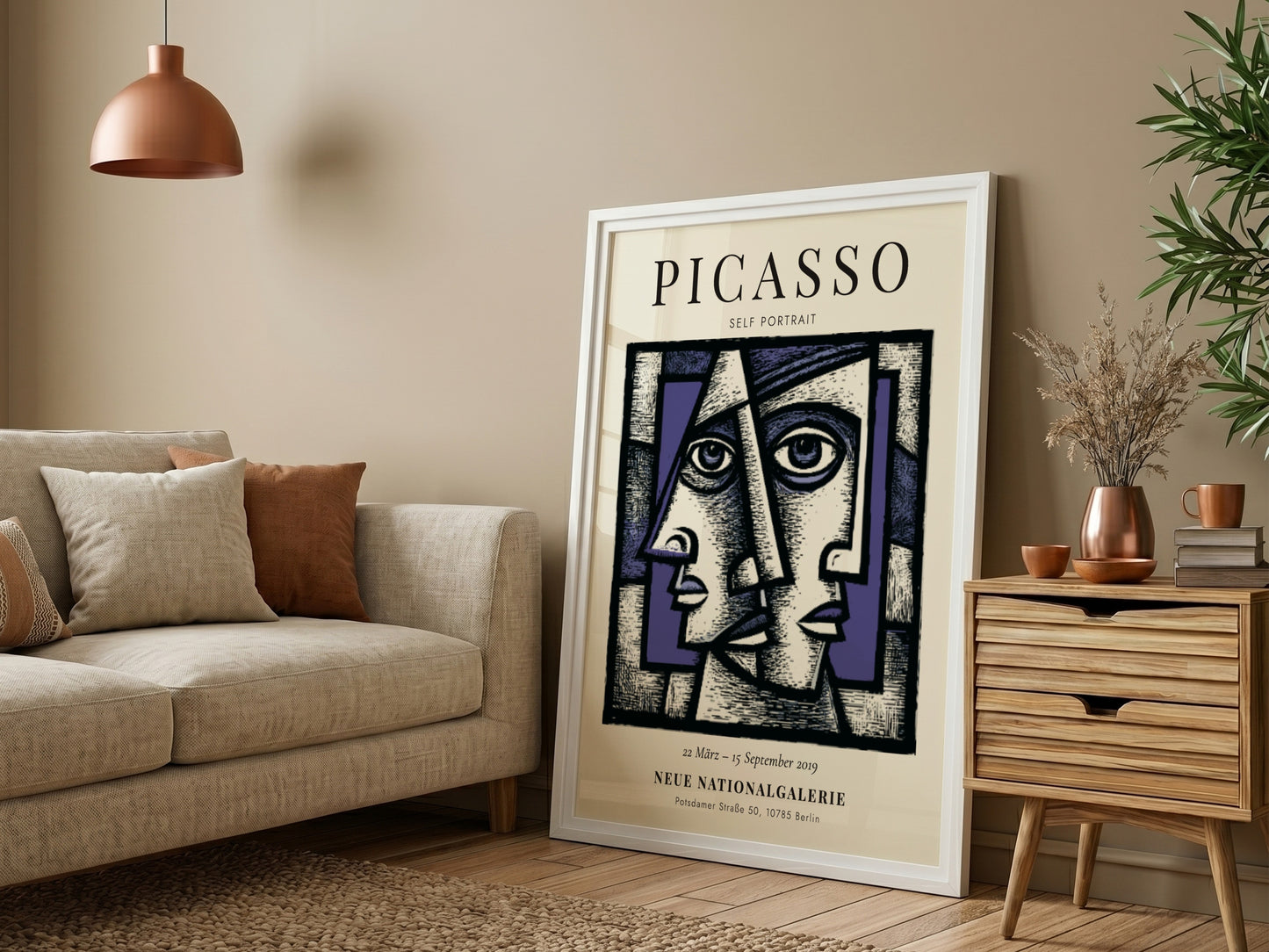 Picasso inspired poster featuring a self-portrait with geometric shapes and bold colors