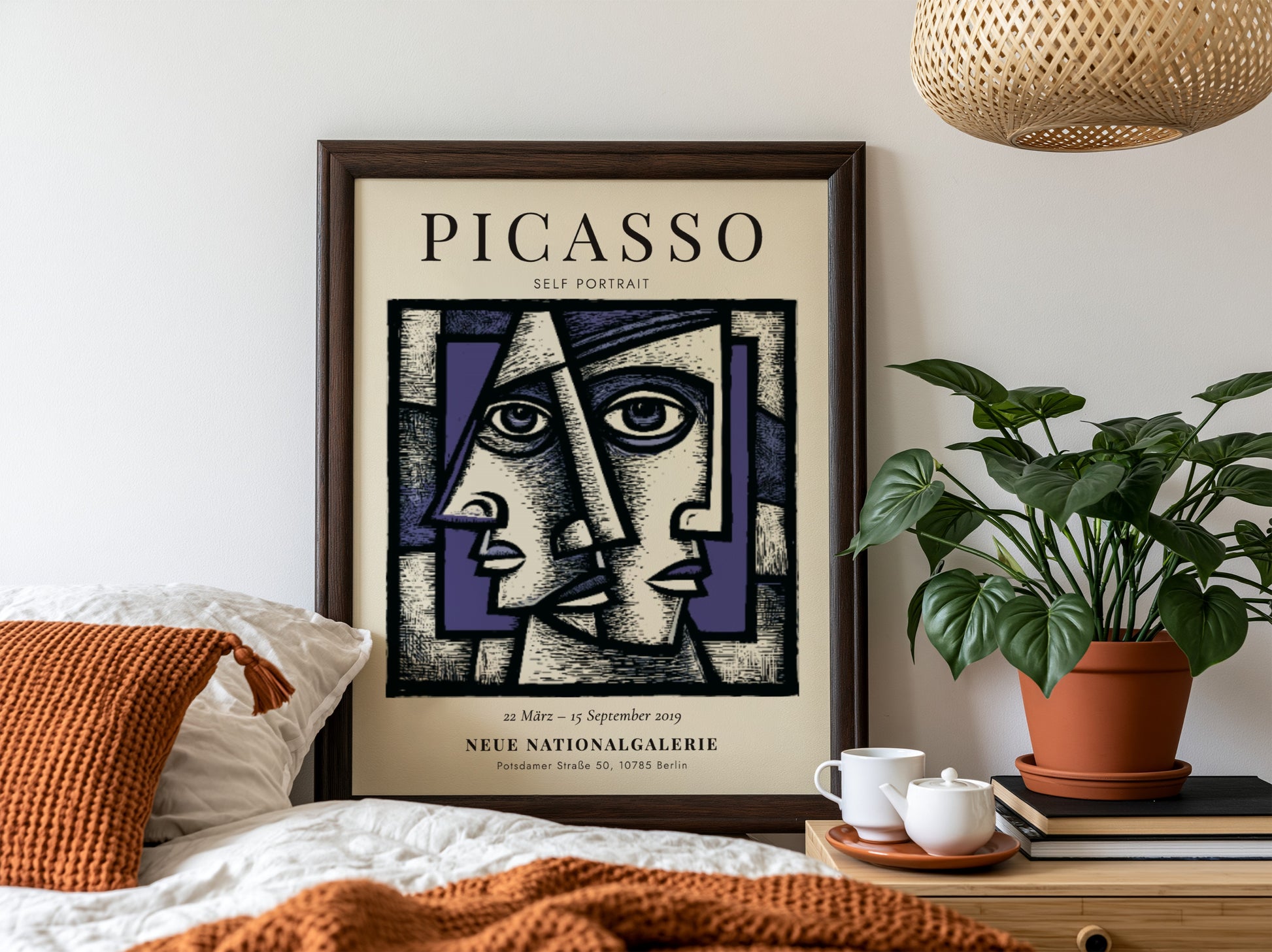 Picasso inspired poster featuring a self-portrait with geometric shapes and bold colors