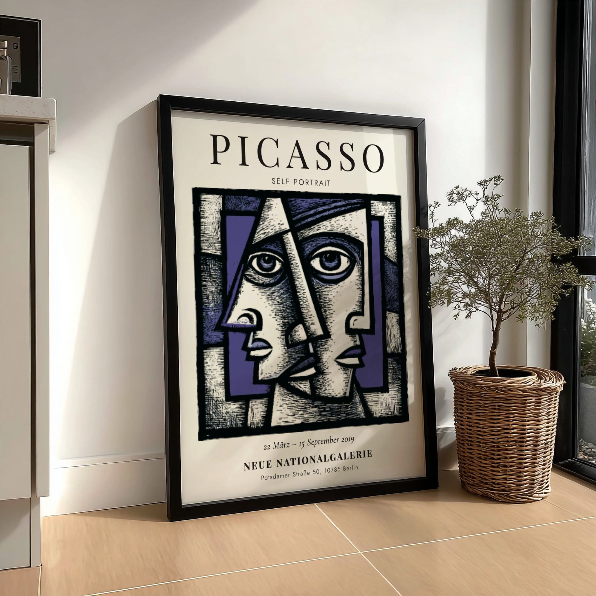 Picasso inspired poster featuring a self-portrait with geometric shapes and bold colors