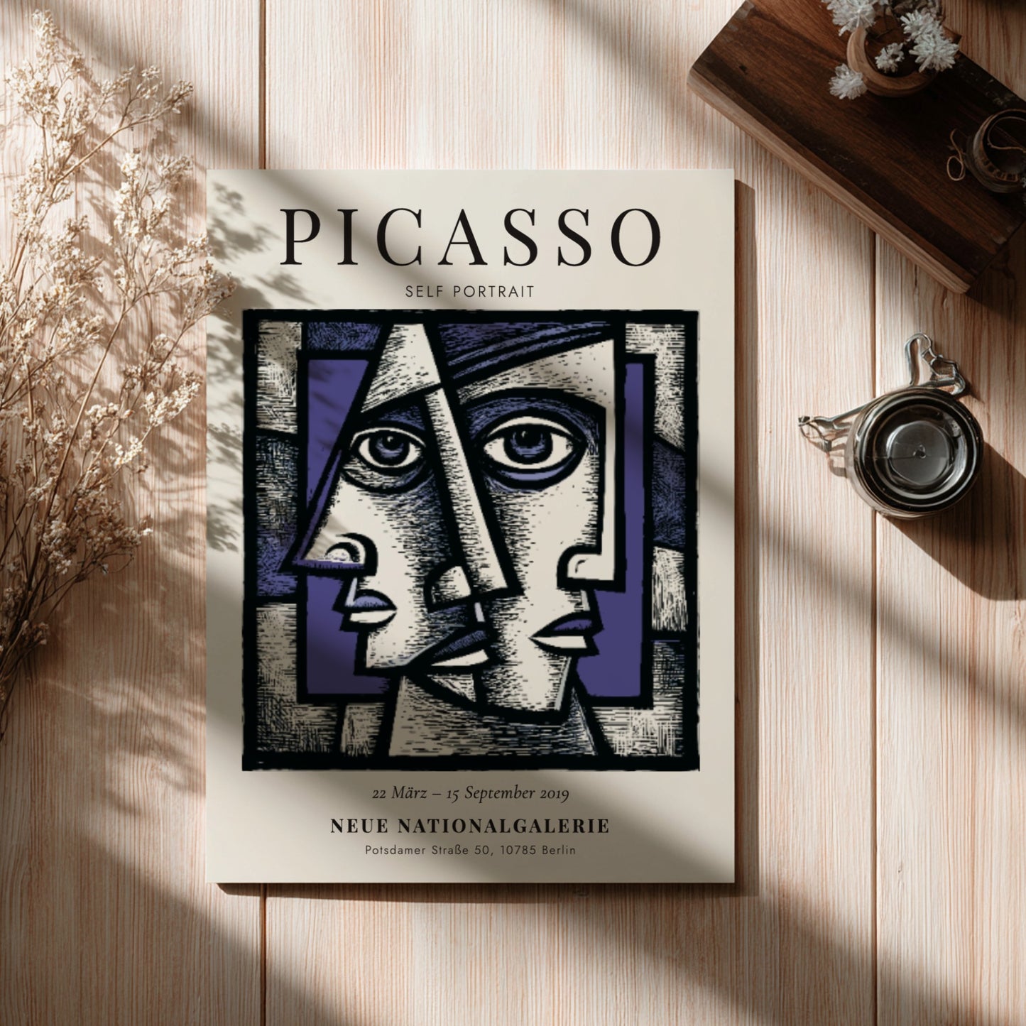 Picasso inspired poster featuring a self-portrait with geometric shapes and bold colors