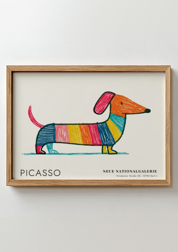 Wall art print featuring a colourful dog design by Picasso in vibrant stripes