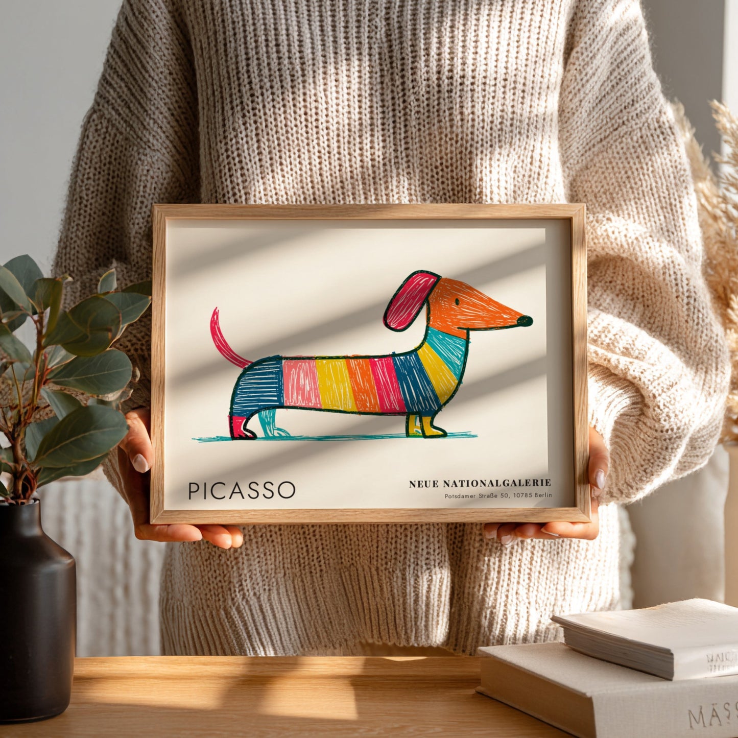 Wall art print featuring a colourful dog design by Picasso in vibrant stripes