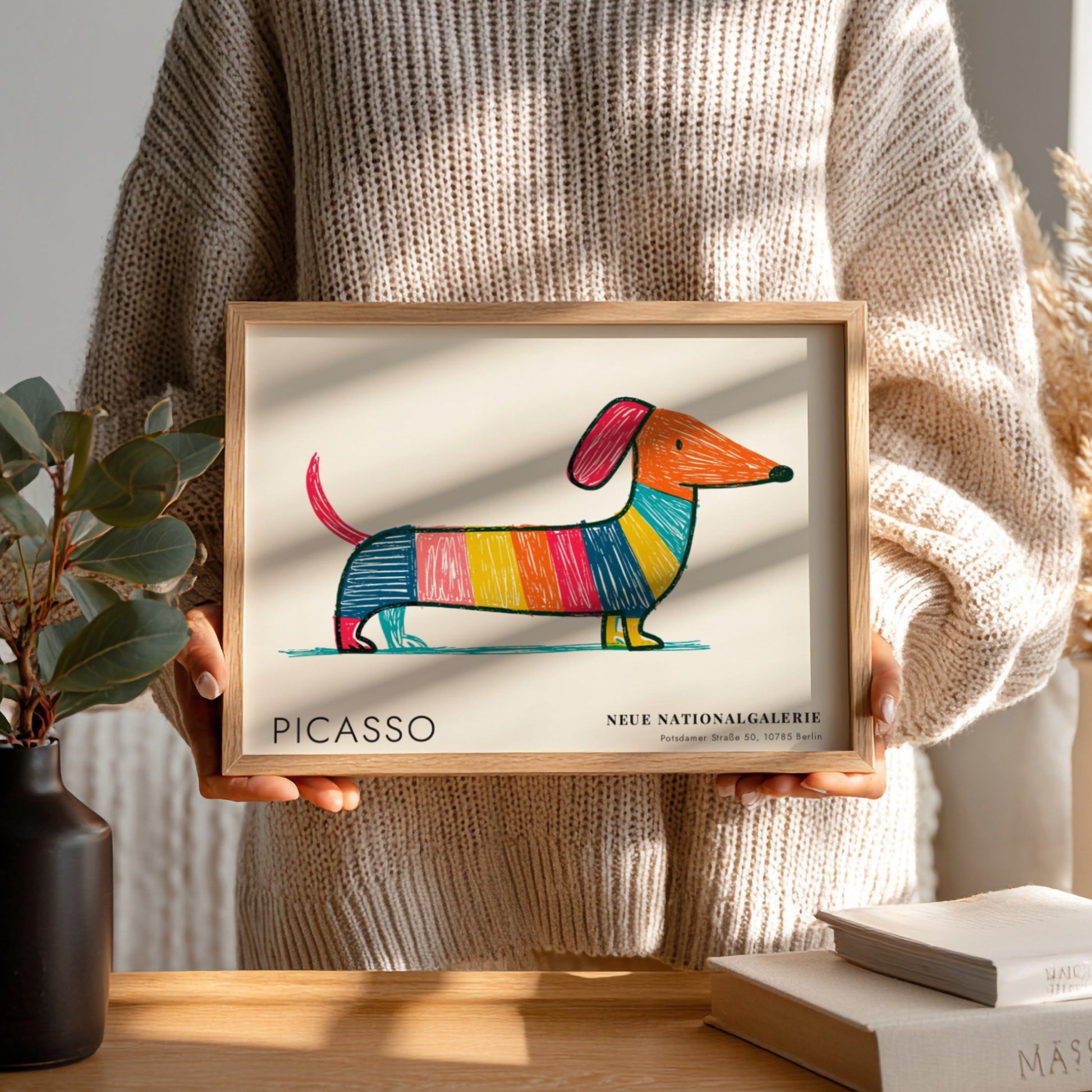 Pablo Picasso poster featuring a colorful dog design in vibrant hues