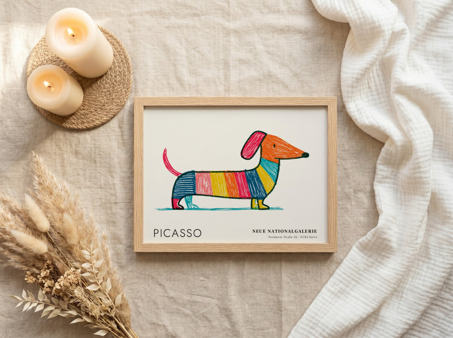 Wall art print featuring a colourful dog design by Picasso in vibrant stripes