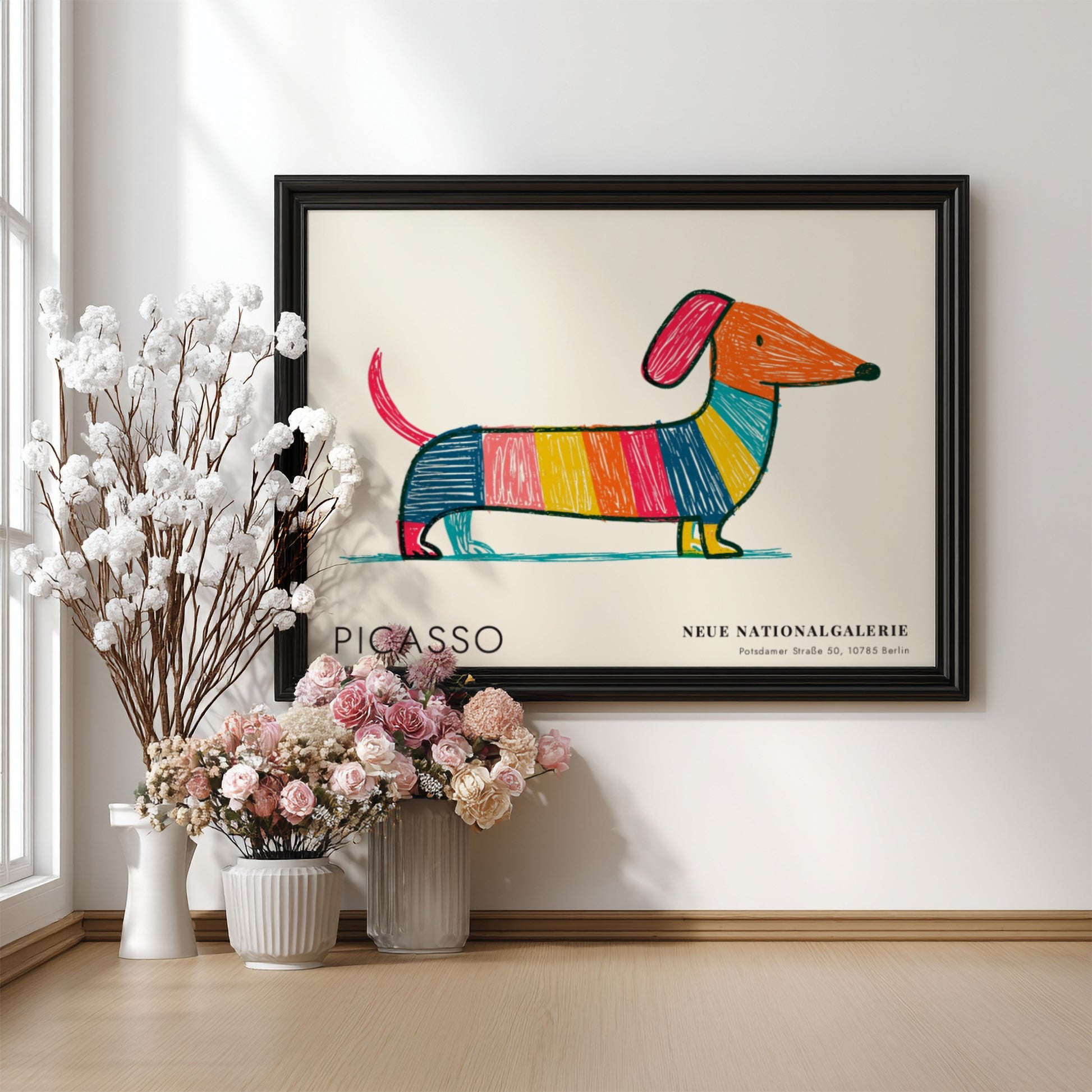 Pablo Picasso poster featuring a colorful dog design in vibrant hues