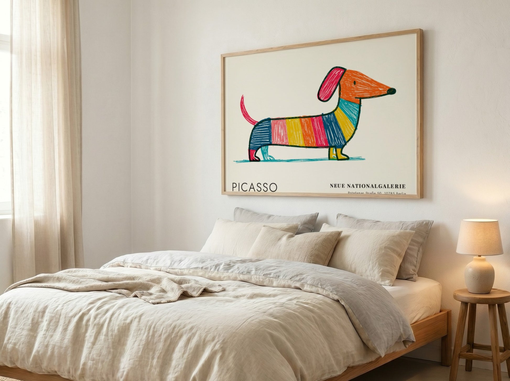 Pablo Picasso poster featuring a colorful dog design in vibrant hues