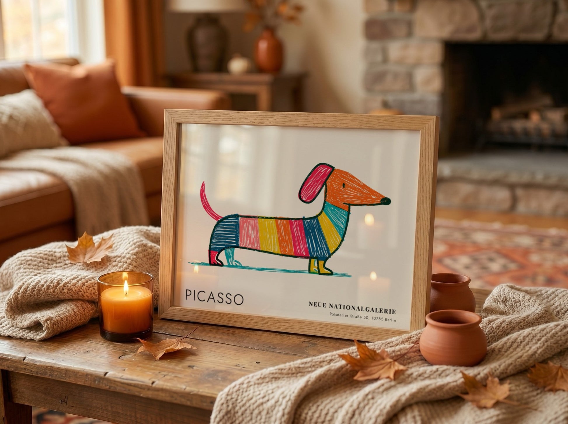 Wall art print featuring a colourful dog design by Picasso in vibrant stripes