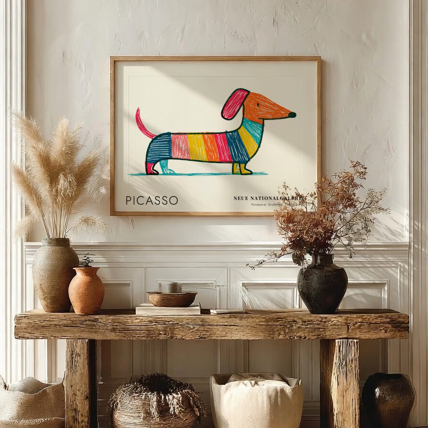 Wall art print featuring a colourful dog design by Picasso in vibrant stripes