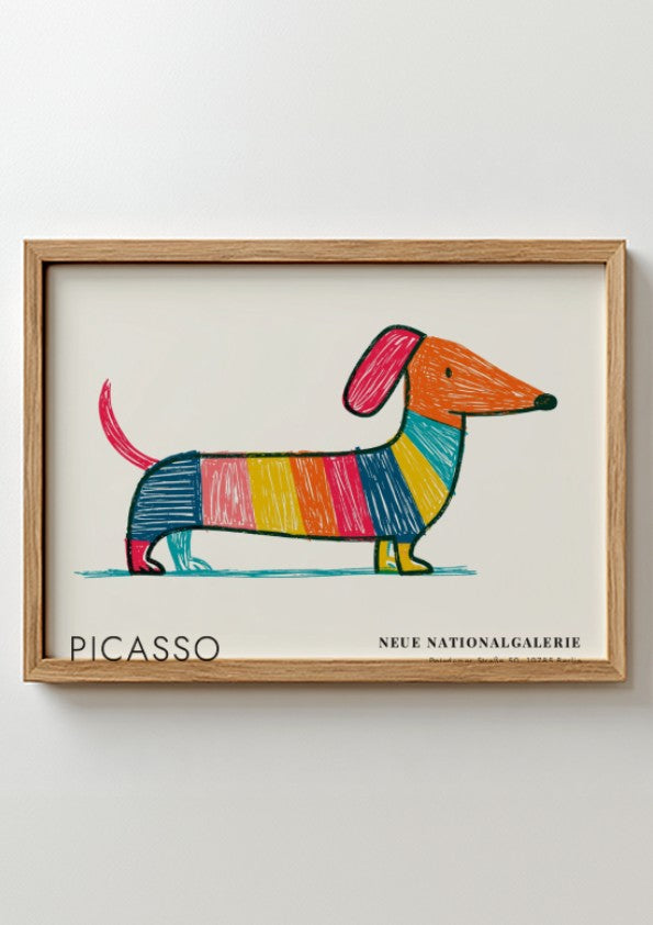 Pablo Picasso poster featuring a colorful dog design in vibrant hues