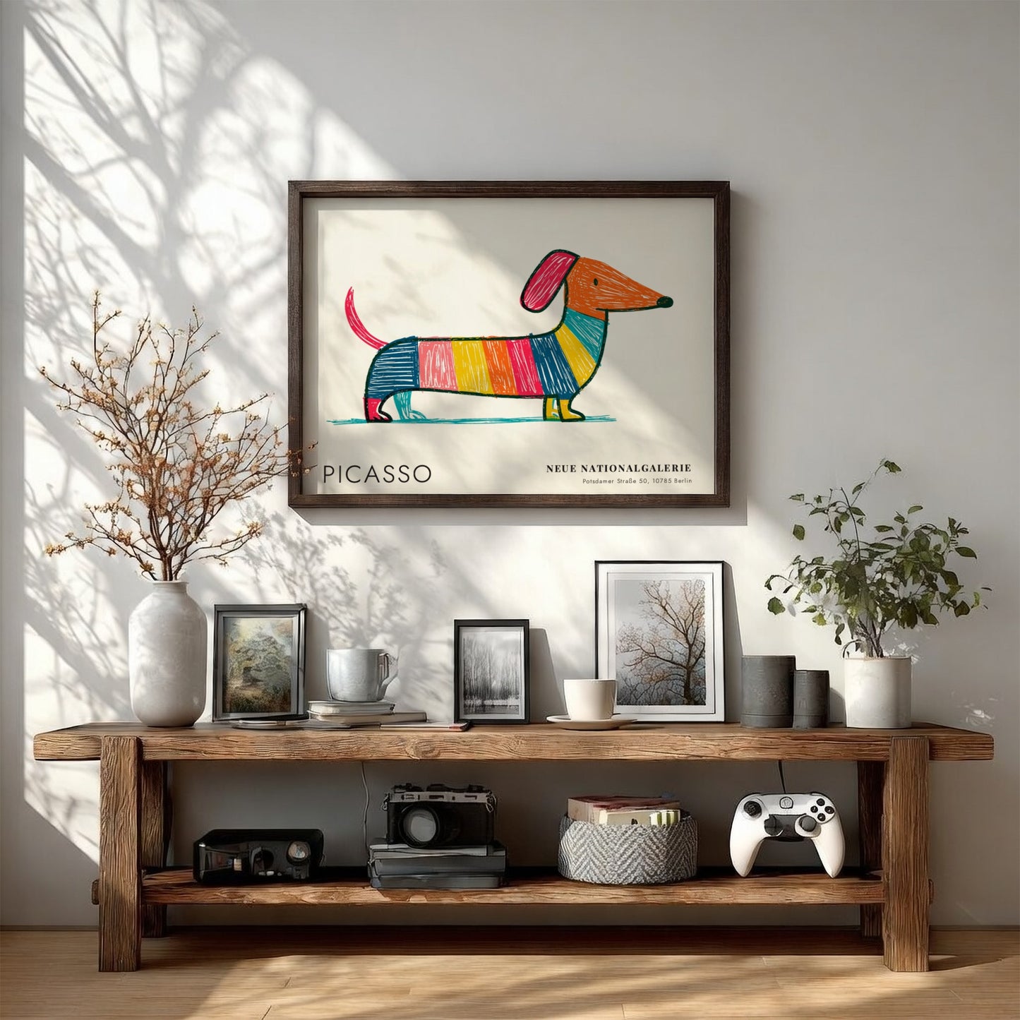 Wall art print featuring a colourful dog design by Picasso in vibrant stripes