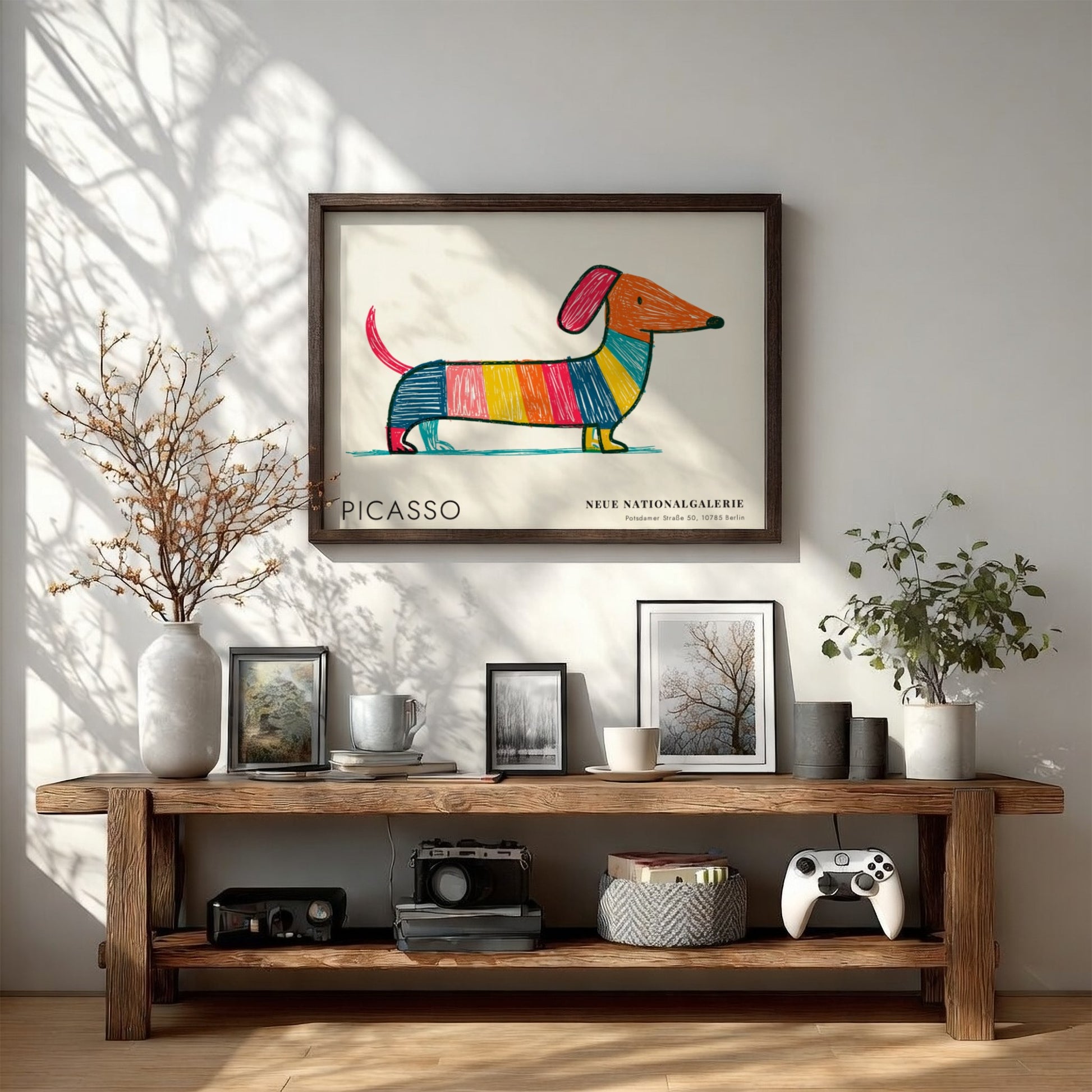 Pablo Picasso poster featuring a colorful dog design in vibrant hues