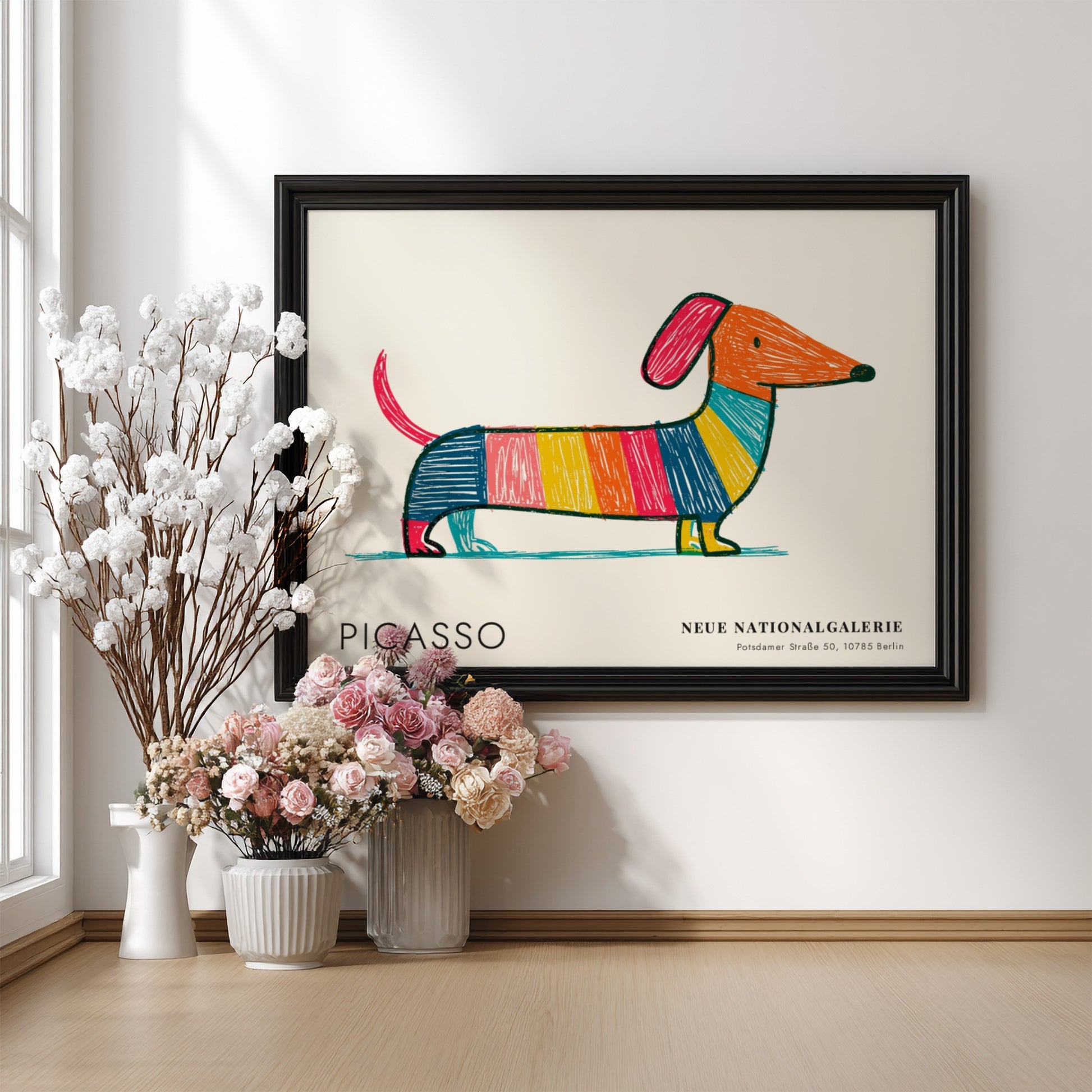 Wall art print featuring a colourful dog design by Picasso in vibrant stripes