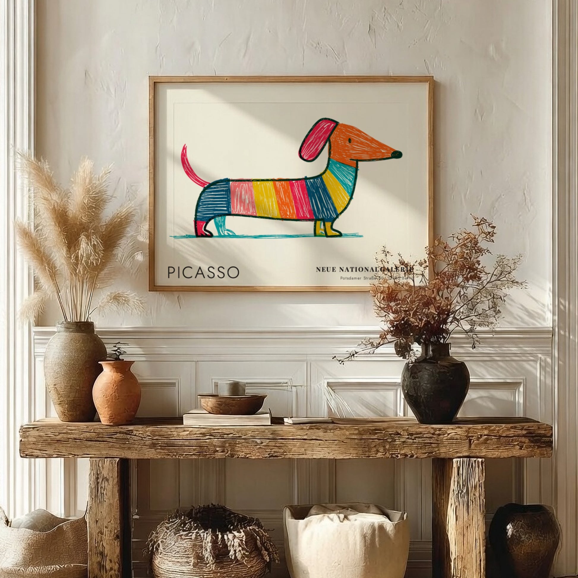 Pablo Picasso poster featuring a colorful dog design in vibrant hues