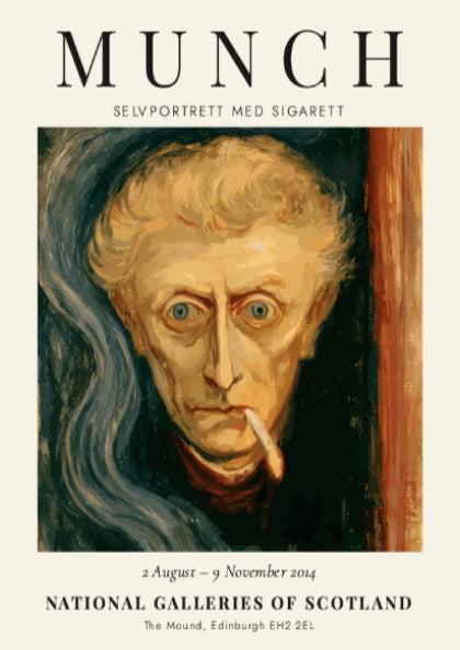 Edvard Munch poster featuring Selvportrett med Sigarett with expressive colors and intense emotion