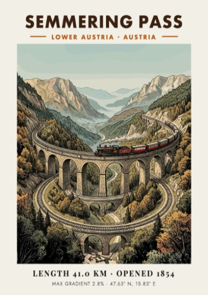Poster of the Semmering Pass railway with a steam train on stone viaducts.