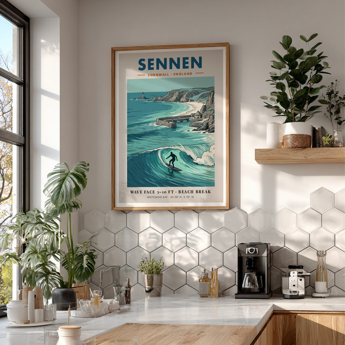 Poster of Sennen Cornwall featuring a surfer on a wave and coastal lighthouse