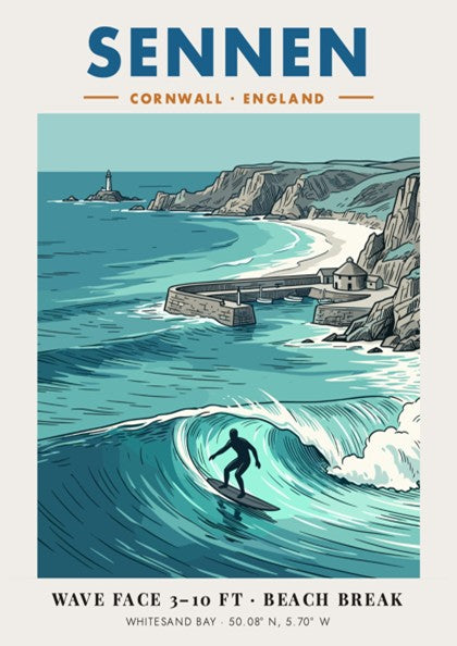Poster of Sennen Cornwall featuring a surfer on a wave and coastal lighthouse
