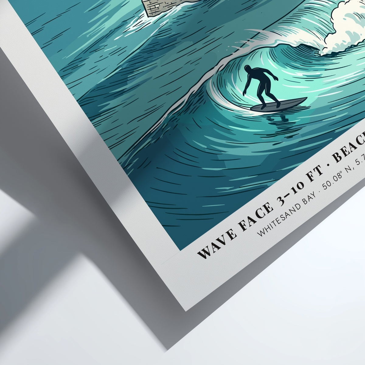 Poster of Sennen Cornwall featuring a surfer on a wave and coastal lighthouse