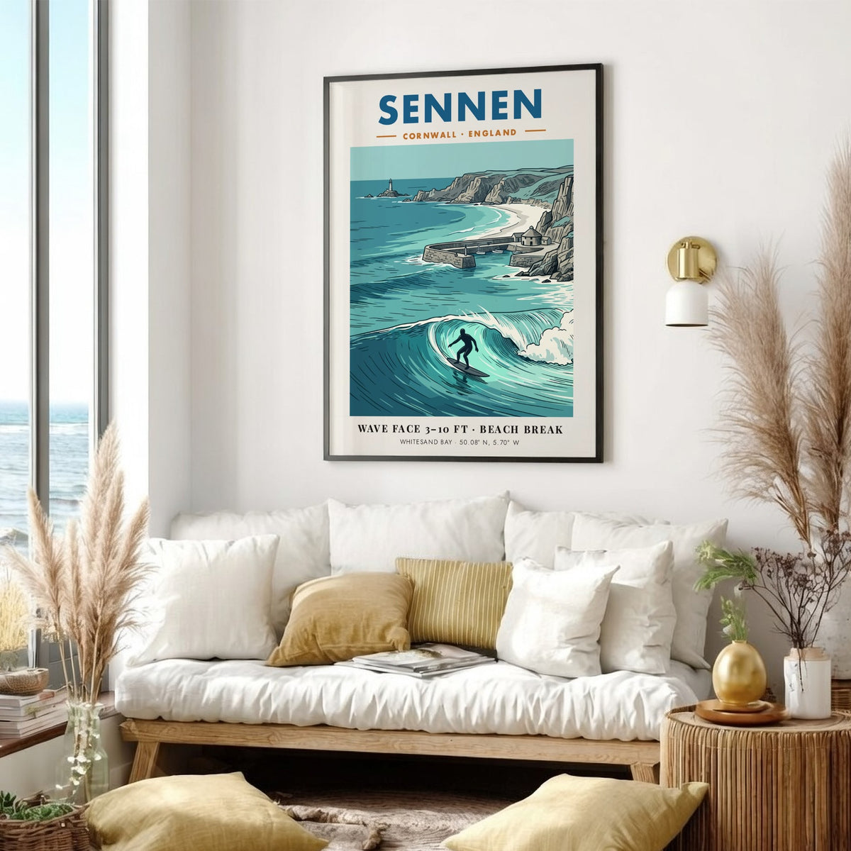 Poster of Sennen Cornwall featuring a surfer on a wave and coastal lighthouse