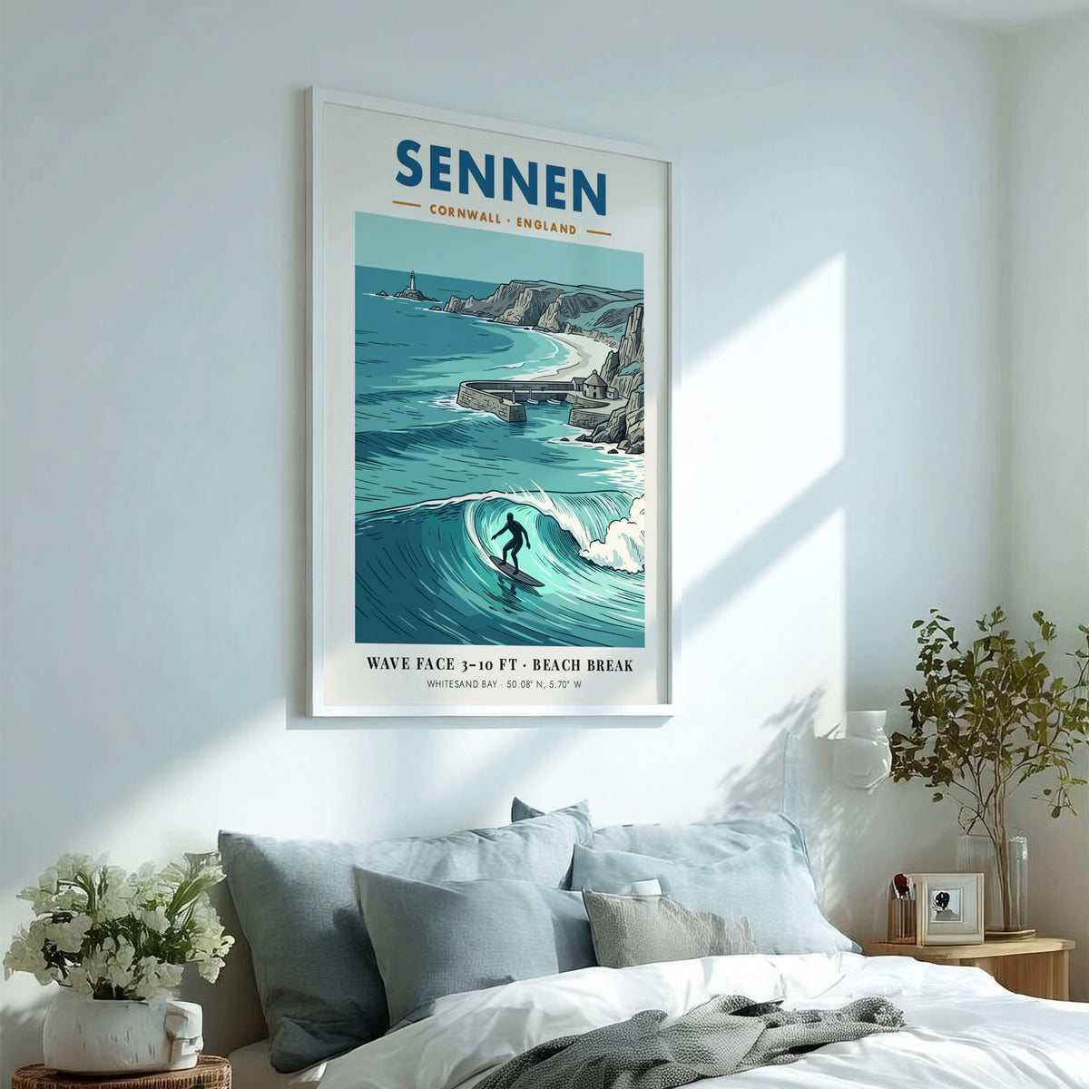 Poster of Sennen Cornwall featuring a surfer on a wave and coastal lighthouse