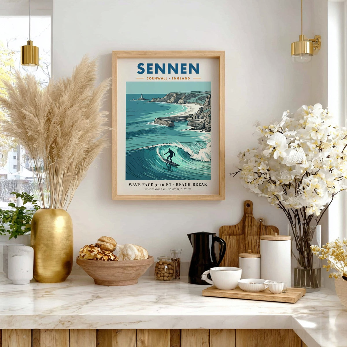 Poster of Sennen Cornwall featuring a surfer on a wave and coastal lighthouse