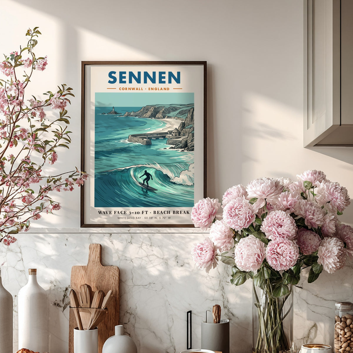 Poster of Sennen Cornwall featuring a surfer on a wave and coastal lighthouse
