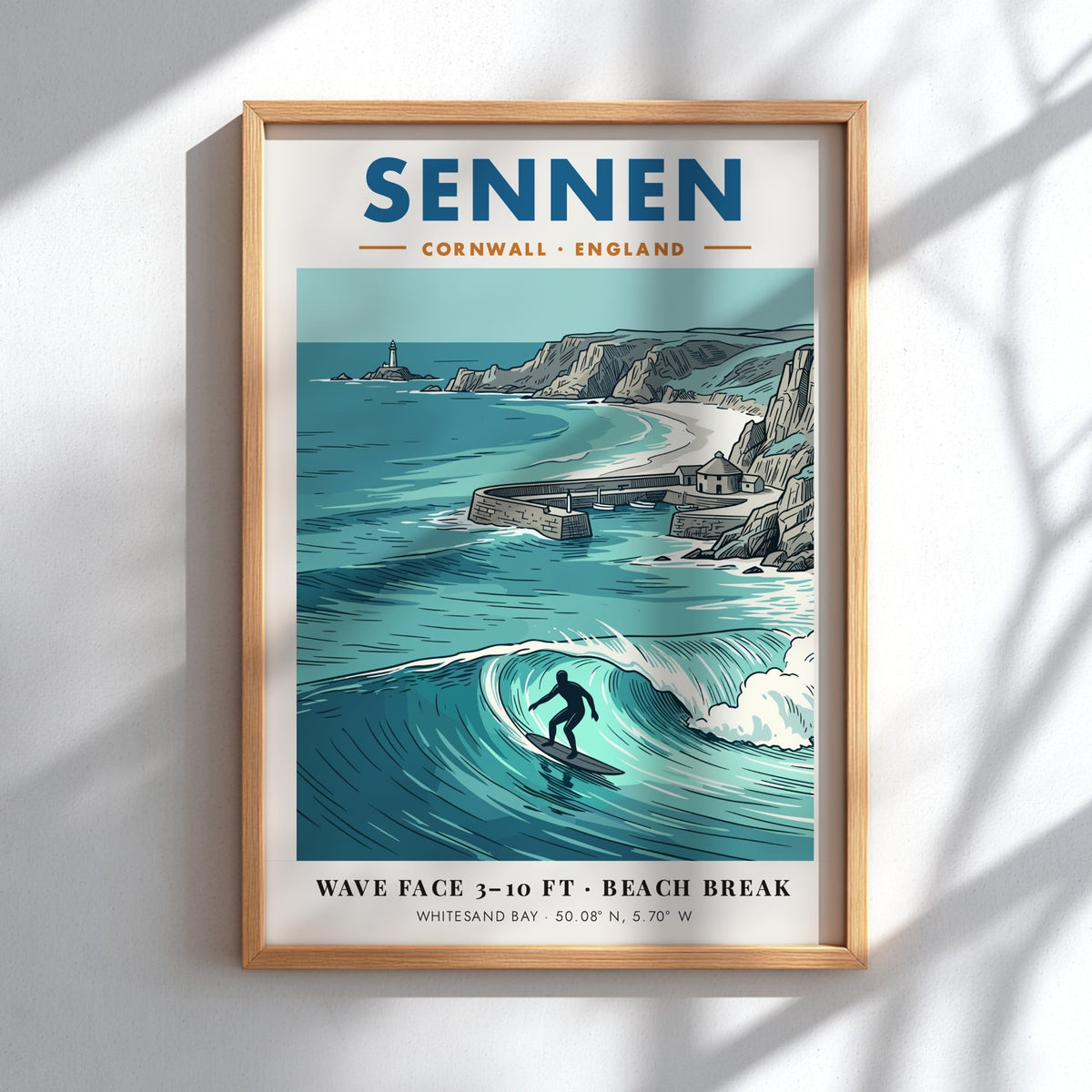 Poster of Sennen Cornwall featuring a surfer on a wave and coastal lighthouse