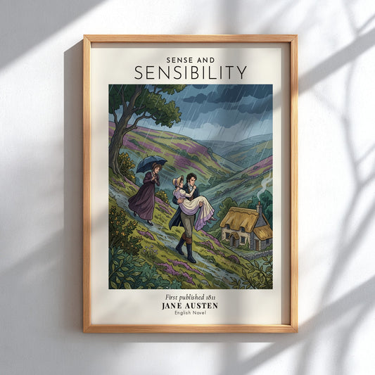 Poster featuring Jane Austen's Sense and Sensibility with a man carrying a woman outdoors.