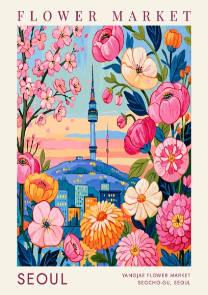 Flower market poster showcasing colorful blooms and Seoul city skyline