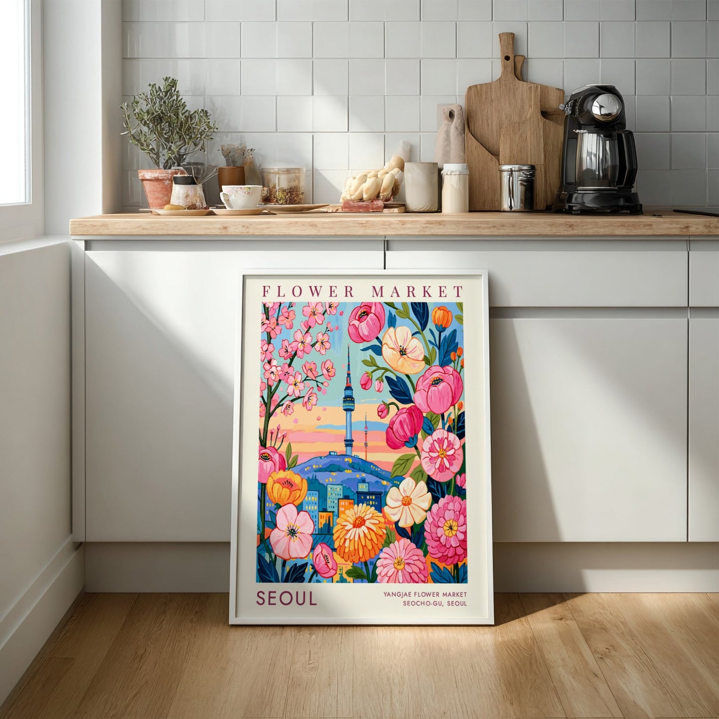 Flower market poster showcasing colorful blooms and Seoul city skyline