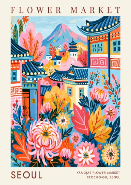 Flower market poster showcasing vibrant colors and cityscape elements