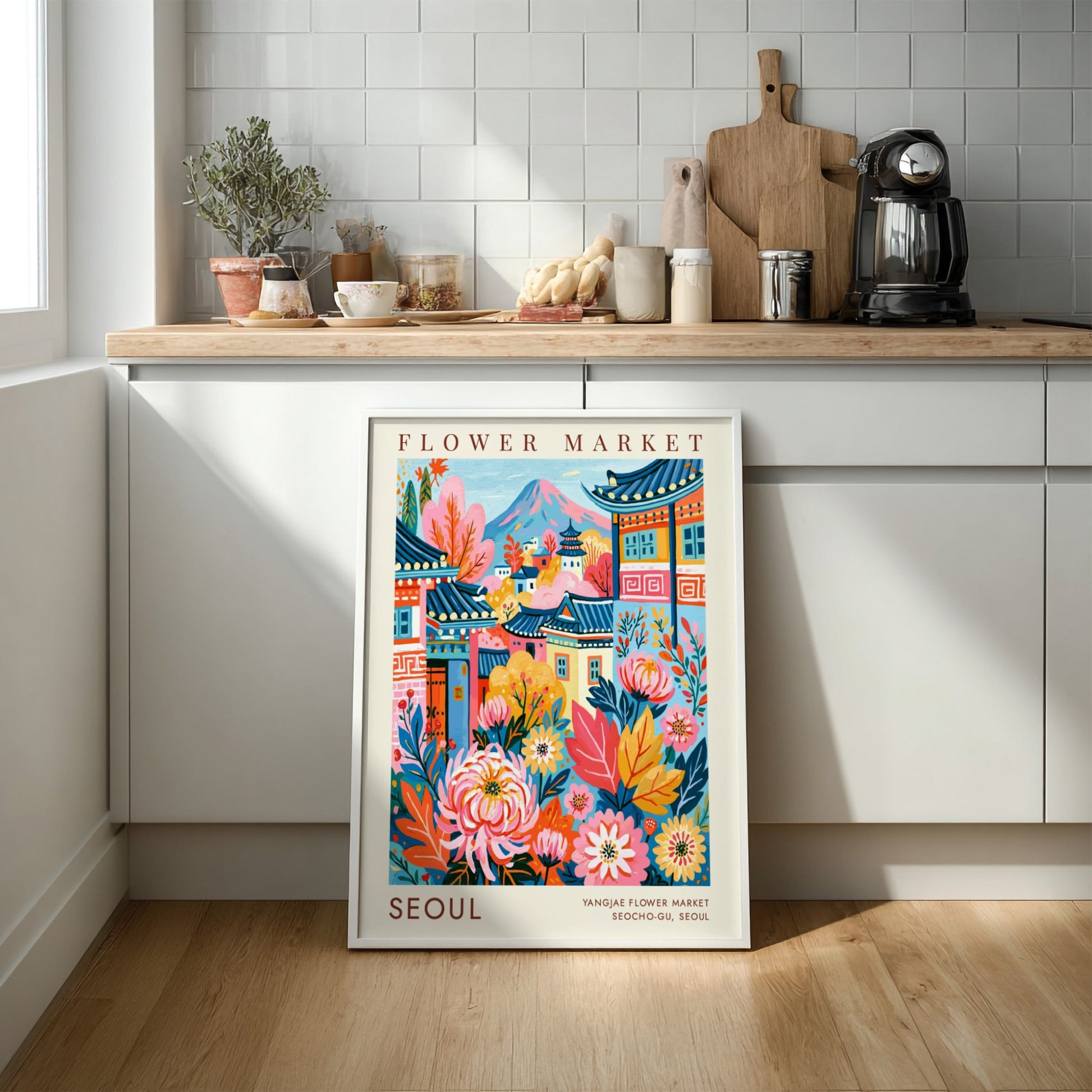 Flower market poster showcasing vibrant colors and cityscape elements