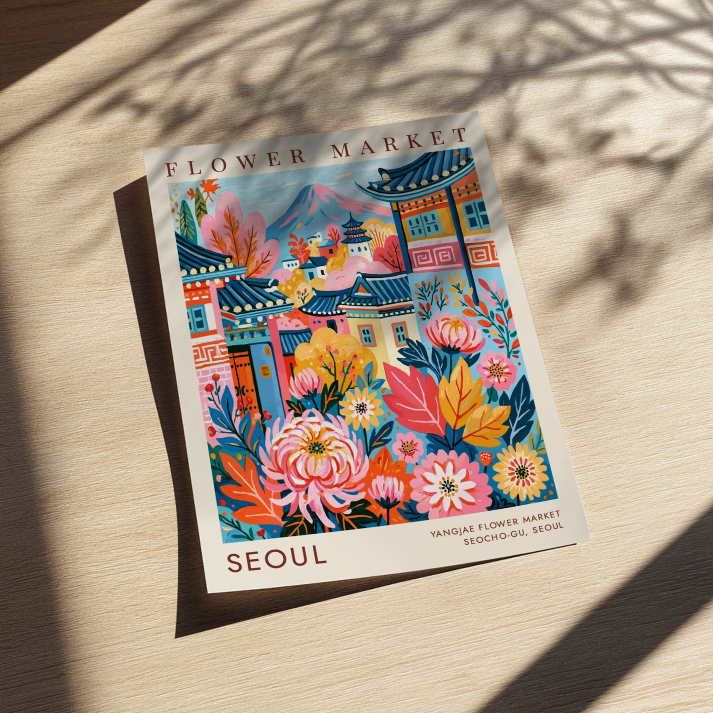 Flower market poster showcasing vibrant colors and cityscape elements