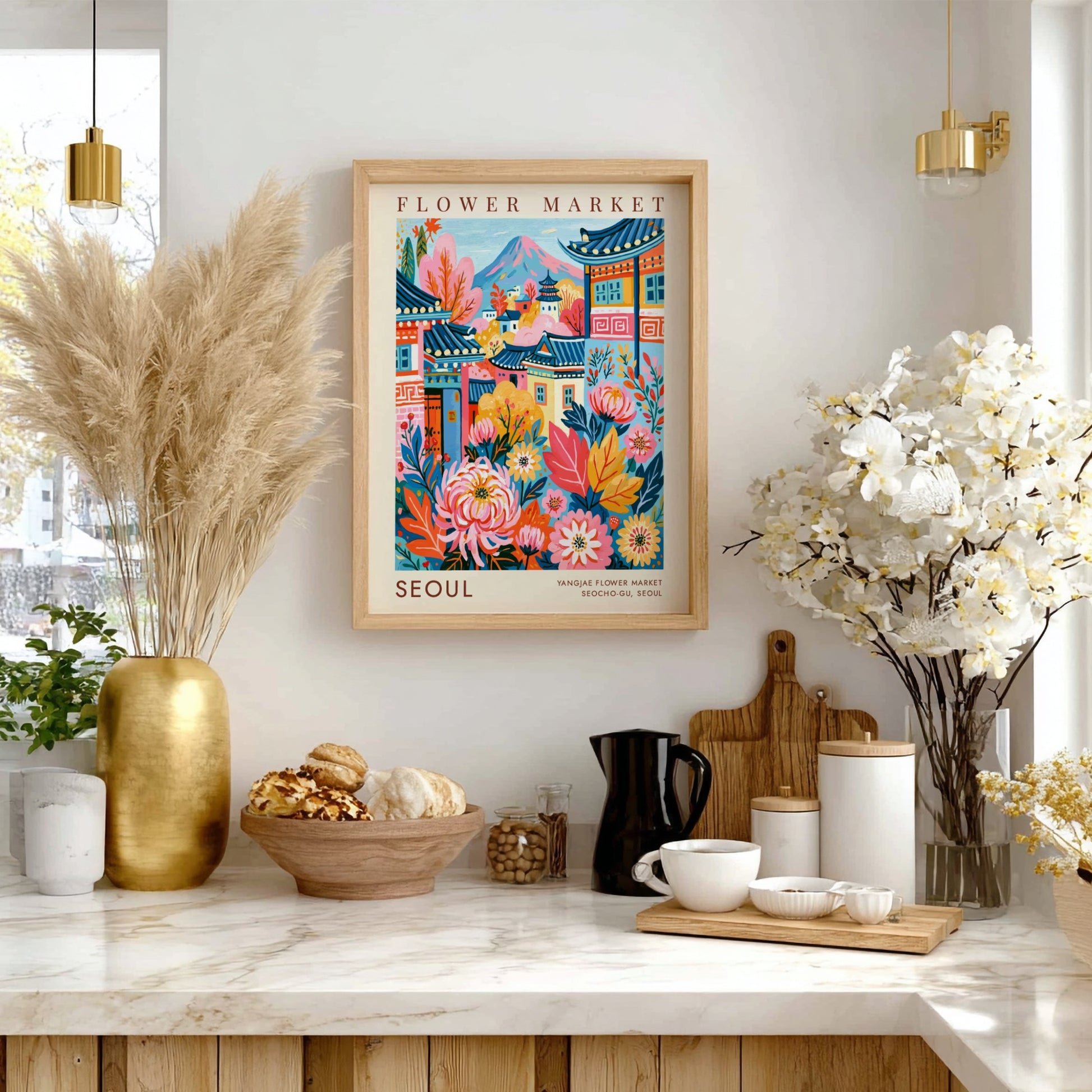 Flower market poster showcasing vibrant colors and cityscape elements