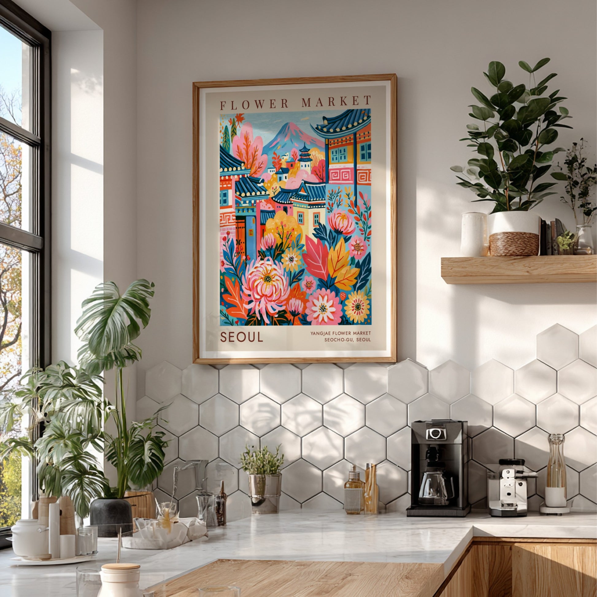 Flower market poster showcasing vibrant colors and cityscape elements