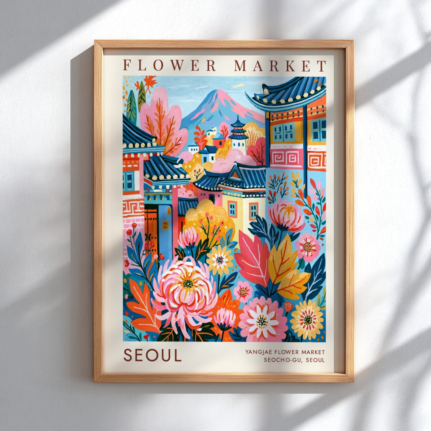Flower market poster showcasing vibrant colors and cityscape elements