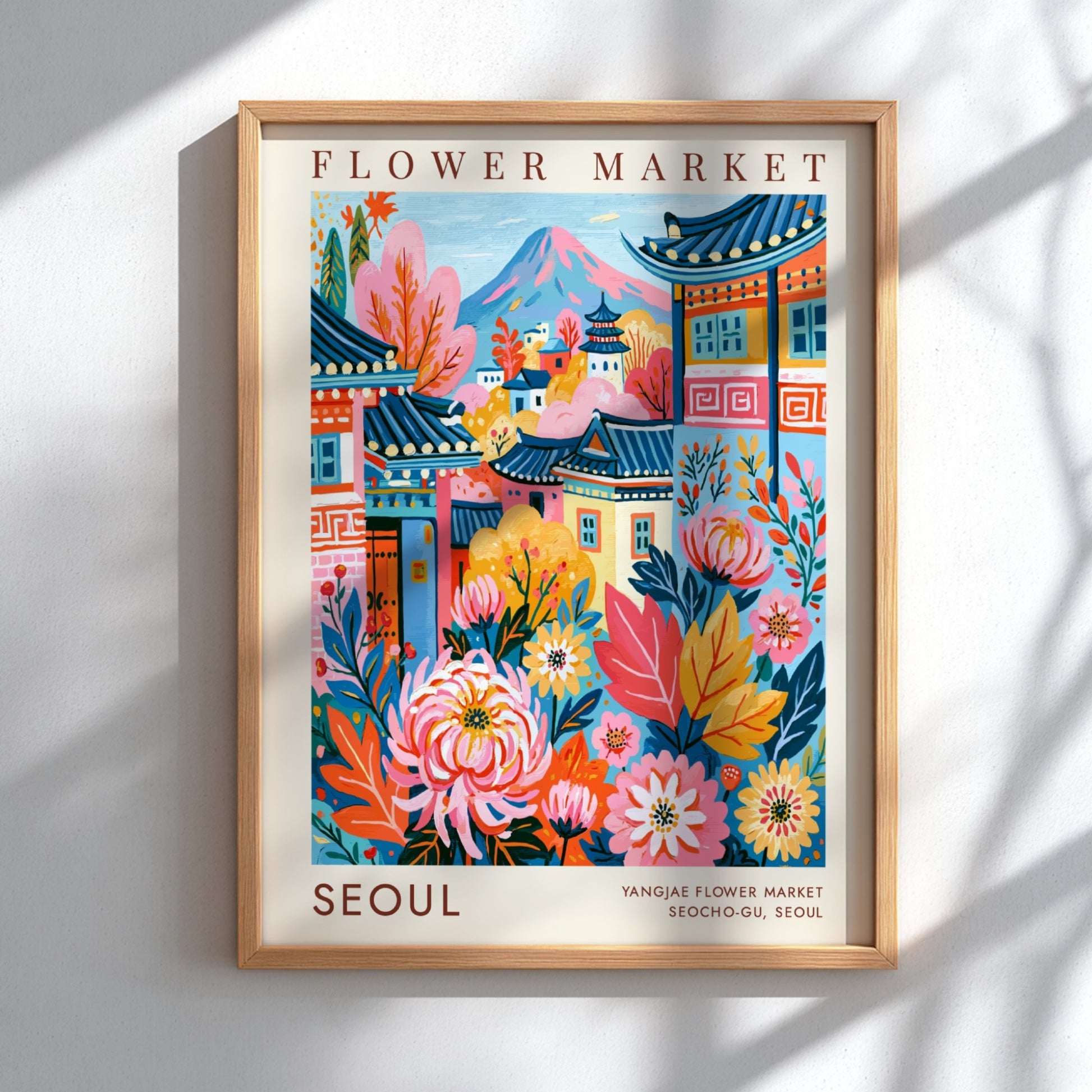 Flower market poster showcasing vibrant colors and cityscape elements