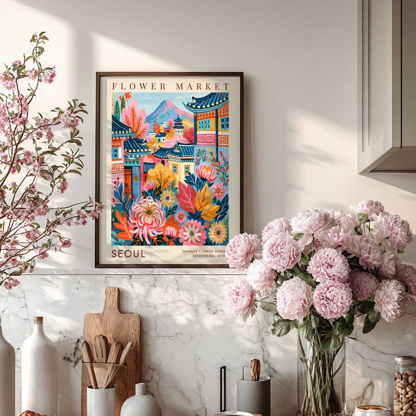 Flower market poster showcasing vibrant colors and cityscape elements